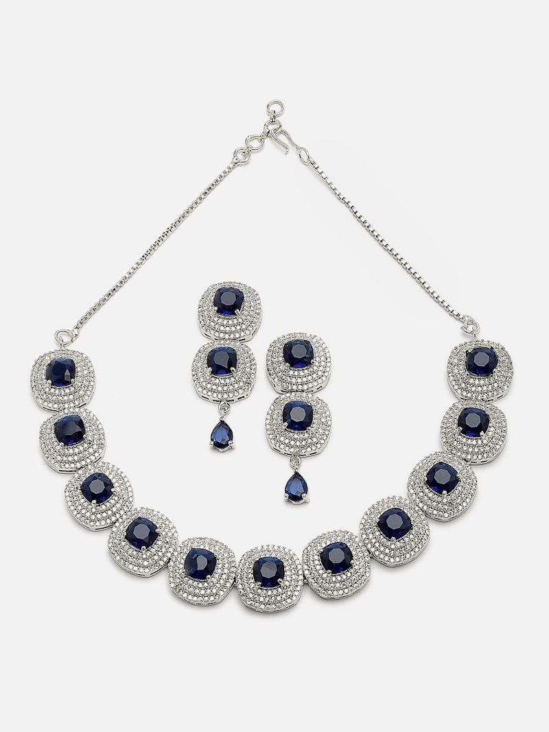 Rhodium-Plated Navy Blue Cubic Zirconia Studded Necklace with Earrings Jewellery Set