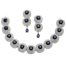 Rhodium-Plated Navy Blue Cubic Zirconia Studded Necklace with Earrings Jewellery Set