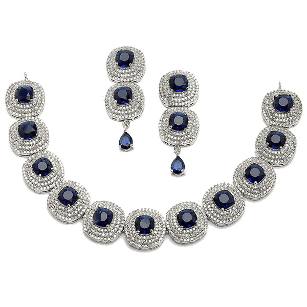 Rhodium-Plated Navy Blue Cubic Zirconia Studded Necklace with Earrings Jewellery Set