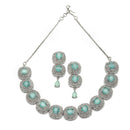 Rhodium-Plated Sea Green Cubic Zirconia Studded Necklace with Earrings Jewellery Set