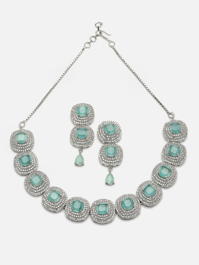 Rhodium-Plated Sea Green Cubic Zirconia Studded Necklace with Earrings Jewellery Set