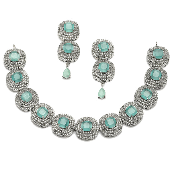 Rhodium-Plated Sea Green Cubic Zirconia Studded Necklace with Earrings Jewellery Set