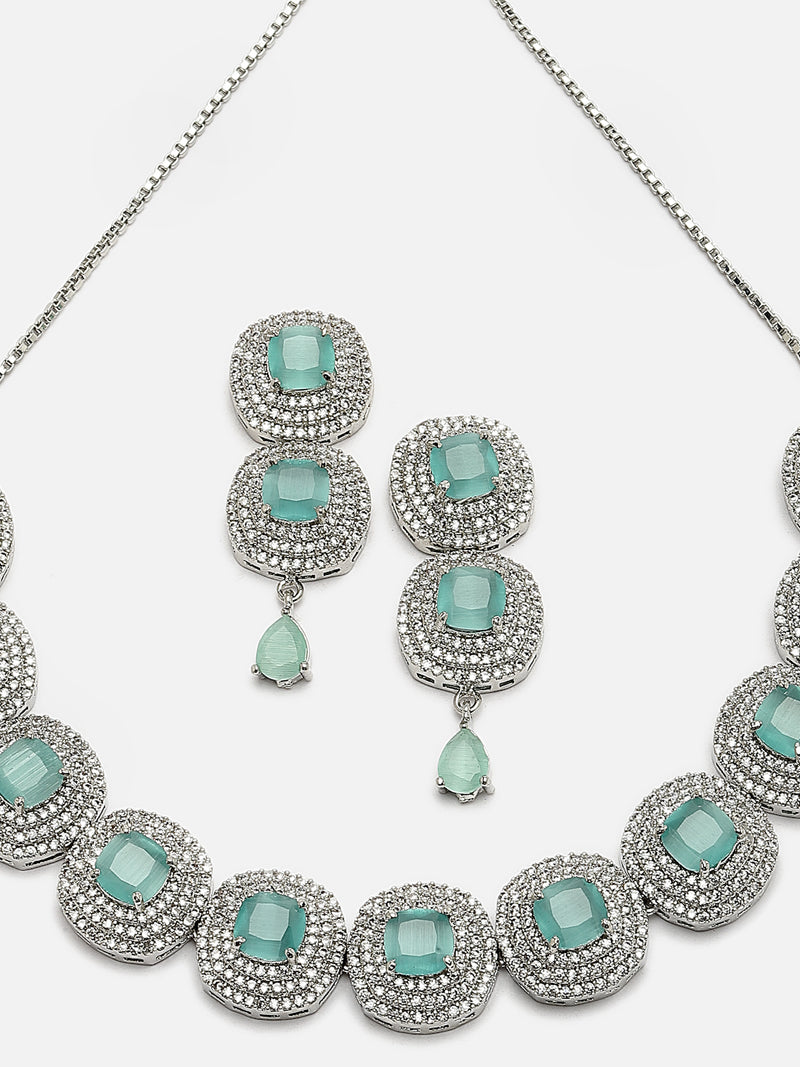 Rhodium-Plated Sea Green Cubic Zirconia Studded Necklace with Earrings Jewellery Set