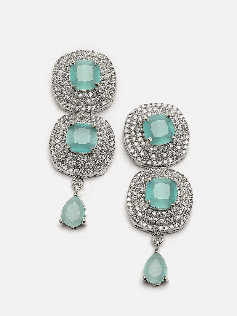 Rhodium-Plated Sea Green Cubic Zirconia Studded Necklace with Earrings Jewellery Set