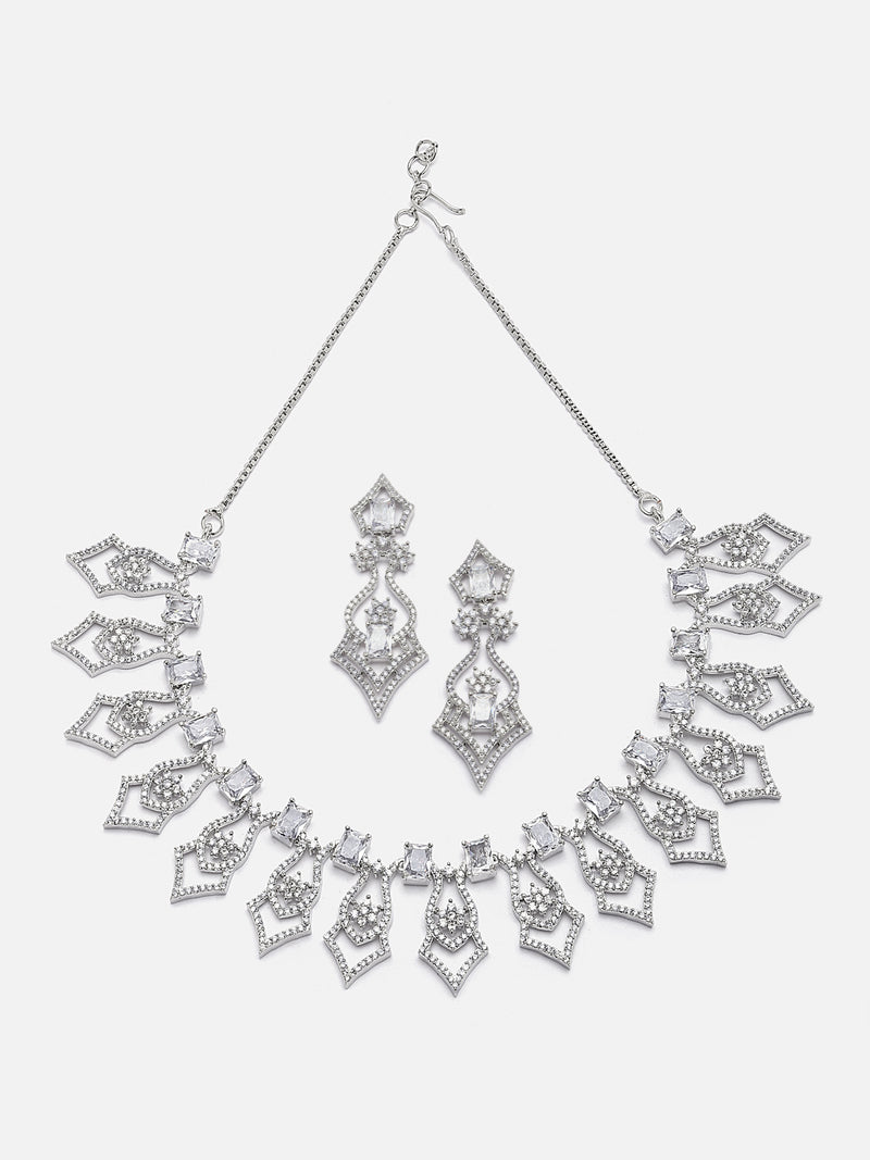 Rhodium-Plated White American Diamond Studded Tempted Necklace & Earrings Jewellery Set
