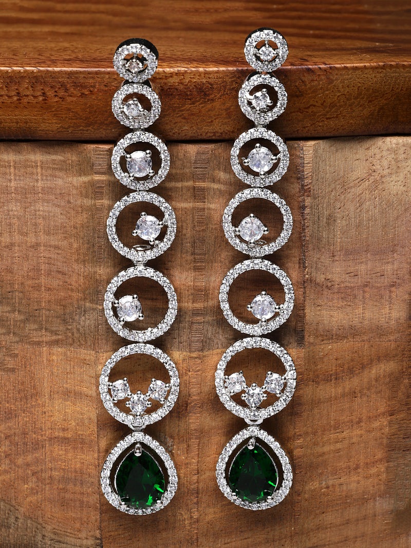 Rhodium-Plated Silver Toned Green & White American Diamond studded Circular Shaped Drop Earrings