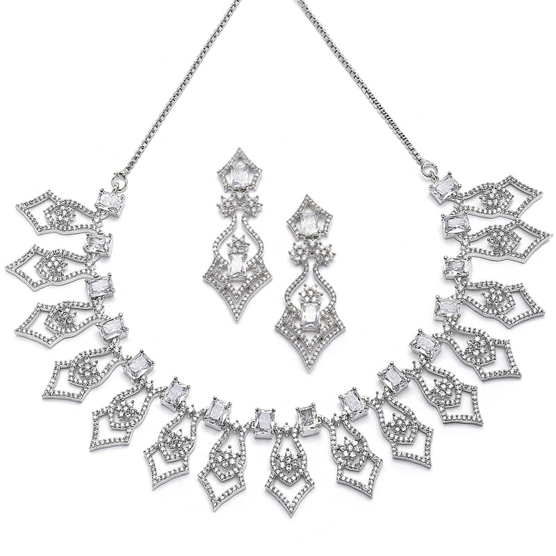 Rhodium-Plated White American Diamond Studded Tempted Necklace & Earrings Jewellery Set
