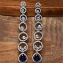 Rhodium-Plated Silver Toned Navy Blue & White American Diamond studded Circular Shaped Drop Earrings
