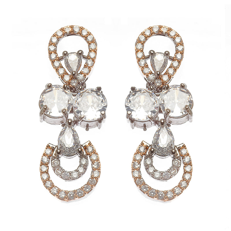 Rose Gold-Plated Gunmetal Toned White American Diamonds Studded Contemporary Necklace & Earrings Jewellery Set