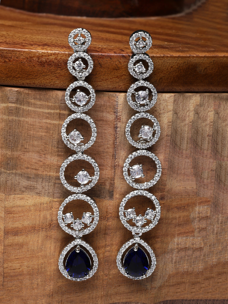 Rhodium-Plated Silver Toned Navy Blue & White American Diamond studded Circular Shaped Drop Earrings