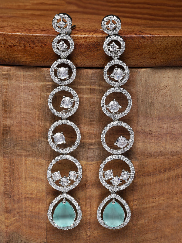 Rhodium-Plated Silver Toned Sea Green & White American Diamond studded Circular Shaped Drop Earrings