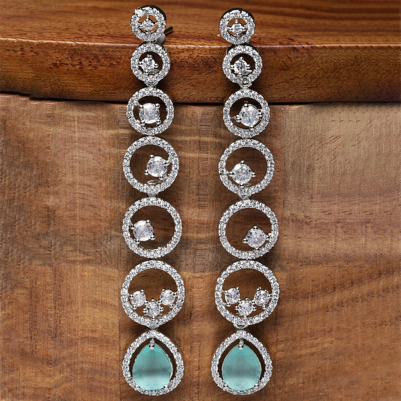 Rhodium-Plated Silver Toned Sea Green & White American Diamond studded Circular Shaped Drop Earrings
