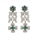 Rhodium-Plated Green Cubic Zirconia Studded Floral Theme Necklace & Earrings Jewellery Set