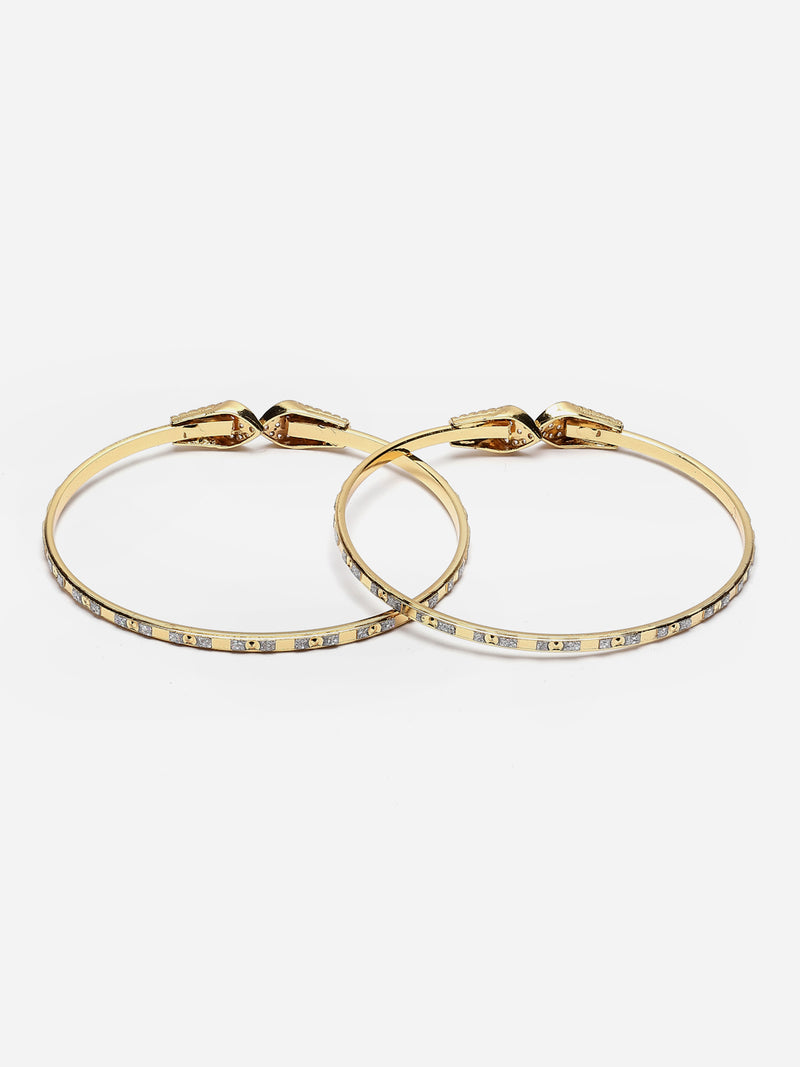 Gold-Plated Heart Shaped White American Diamond studded Bangle Style Handcrafted Bracelets (Set Of 2)
