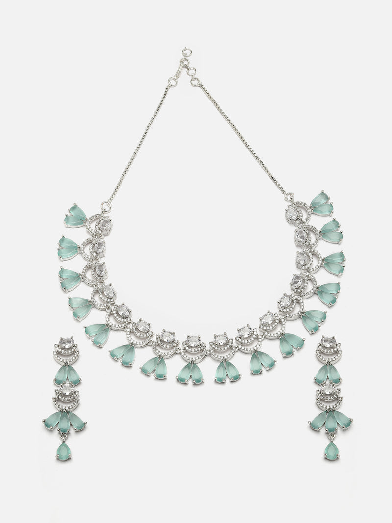 Rhodium-Plated Sea Green American Diamond Studded Teardrop & Crescent Shaped Necklace with Earrings Jewellery Set