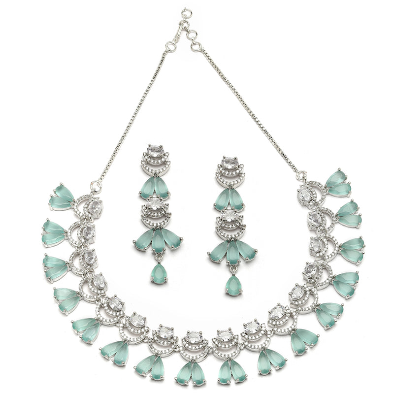 Rhodium-Plated Sea Green American Diamond Studded Teardrop & Crescent Shaped Necklace with Earrings Jewellery Set