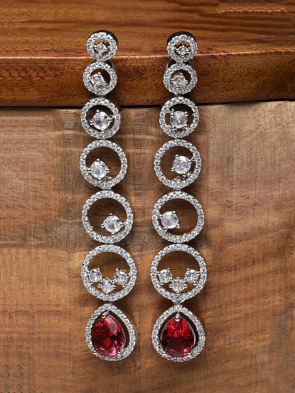 Rhodium-Plated Silver Toned Red & White American Diamond studded Circular Shaped Drop Earrings