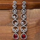 Rhodium-Plated Silver Toned Red & White American Diamond studded Circular Shaped Drop Earrings