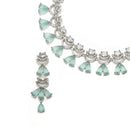 Rhodium-Plated Sea Green American Diamond Studded Teardrop & Crescent Shaped Necklace with Earrings Jewellery Set