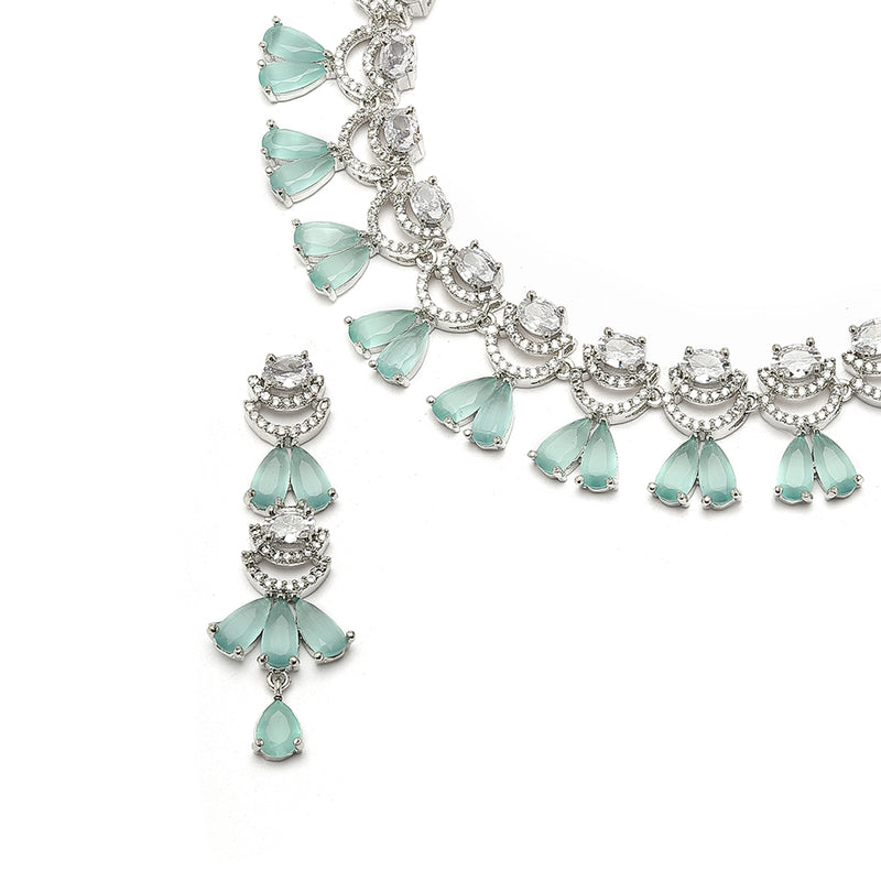 Rhodium-Plated Sea Green American Diamond Studded Teardrop & Crescent Shaped Necklace with Earrings Jewellery Set