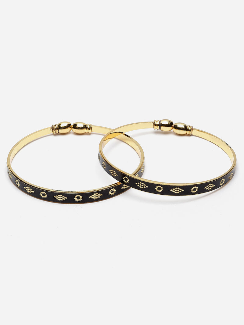 Gold-Plated Classic Black Textured Handcrafted Kada Bracelets (Set Of 2)