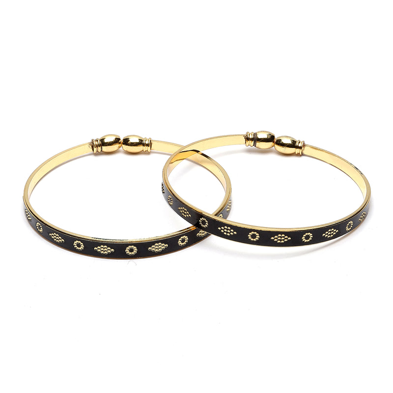 Gold-Plated Classic Black Textured Bangle Bracelets (Set Of 2)