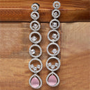 Rhodium-Plated Silver Toned Pink & White American Diamond studded Circular Shaped Drop Earrings