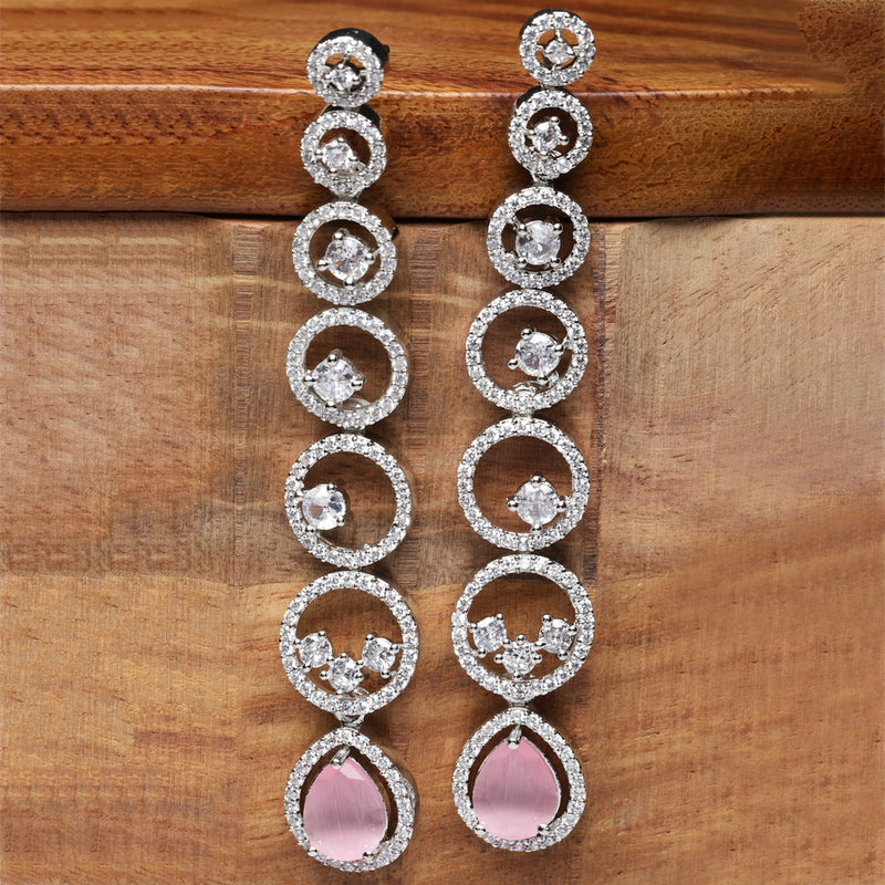 Rhodium-Plated Silver Toned Pink & White American Diamond studded Circular Shaped Drop Earrings