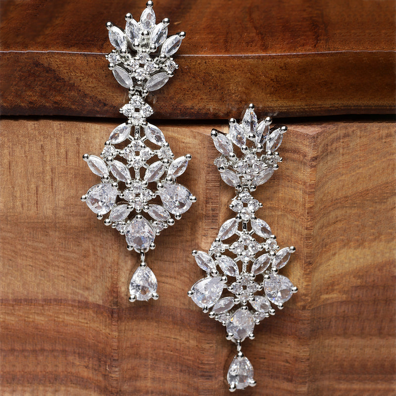 Rhodium-Plated Silver Toned White American Diamond studded Spiked Shaped Drop Earrings