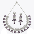 Rhodium-Plated Purple American Diamond Studded Teardrop & Crescent Shaped Necklace with Earrings Jewellery Set