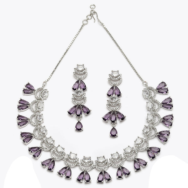 Rhodium-Plated Purple American Diamond Studded Teardrop & Crescent Shaped Necklace with Earrings Jewellery Set