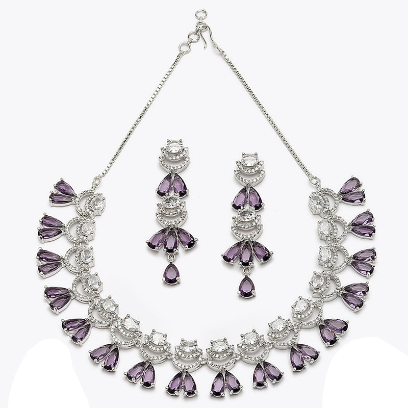Rhodium-Plated Purple American Diamond Studded Teardrop & Crescent Shaped Necklace with Earrings Jewellery Set