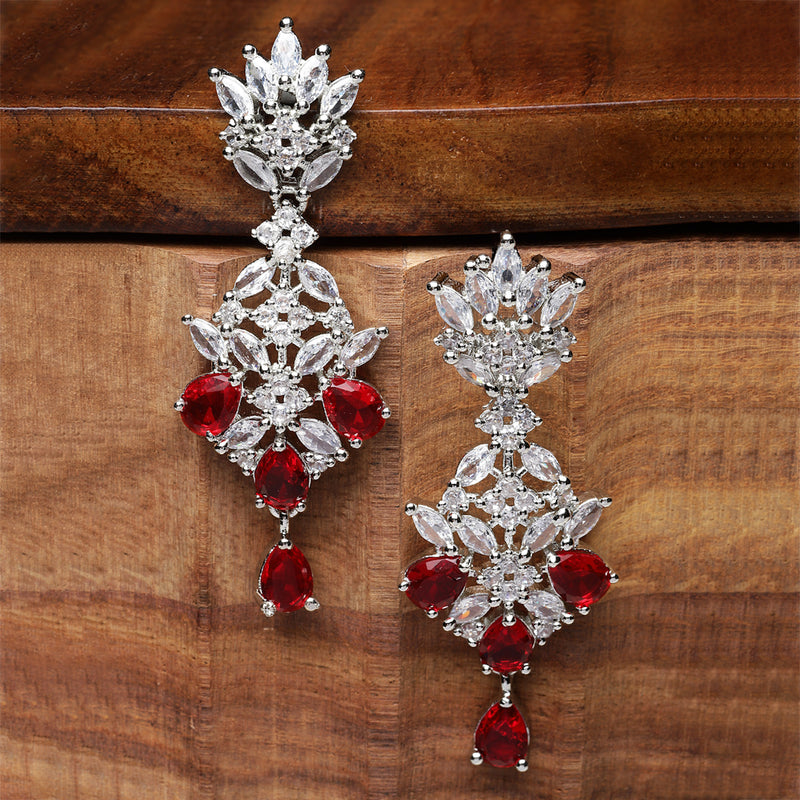 Rhodium-Plated Silver Toned Red American Diamond studded Spiked Shaped Drop Earrings