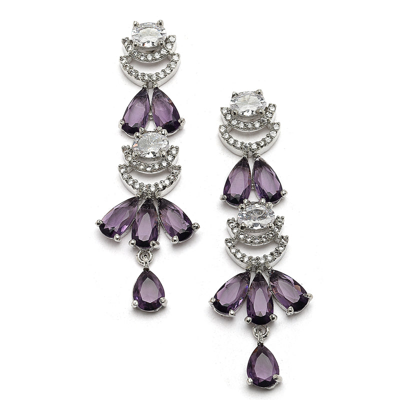 Rhodium-Plated Purple American Diamond Studded Teardrop & Crescent Shaped Necklace with Earrings Jewellery Set