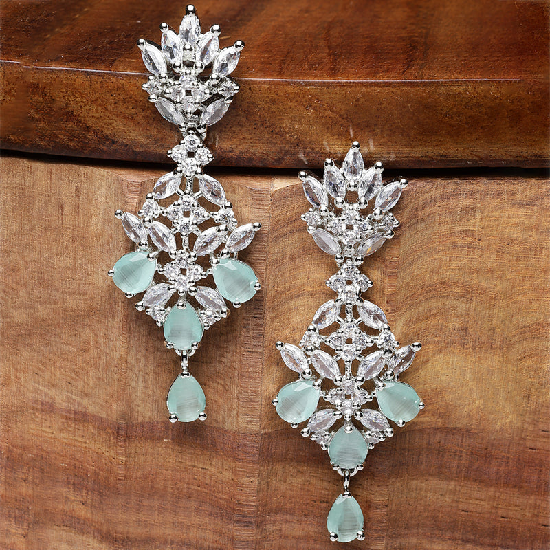 Rhodium-Plated Silver Toned Sea Green American Diamond studded Spiked Shaped Drop Earrings