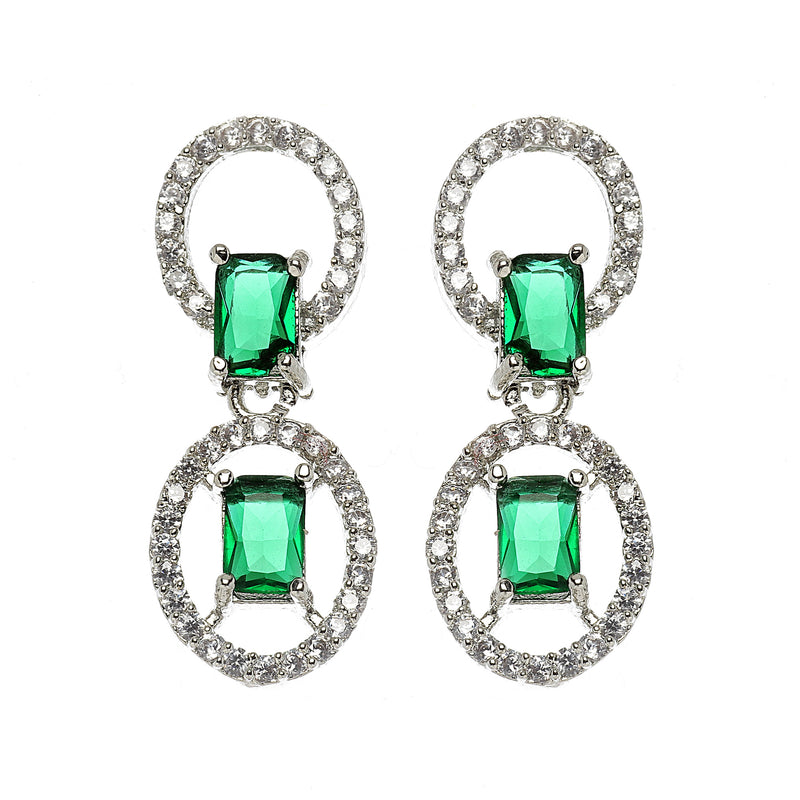 Rhodium-Plated Green American Diamond Studded Disc-Shaped Necklace & Earrings Jewellery Set