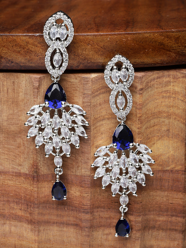 Rhodium-Plated Silver Toned Navy Blue & White American Diamond studded Spiked Shaped Drop Earrings