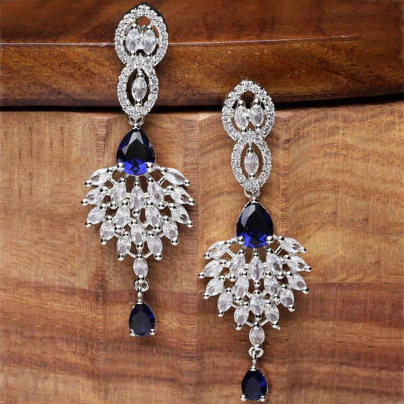 Rhodium-Plated Silver Toned Navy Blue & White American Diamond studded Spiked Shaped Drop Earrings