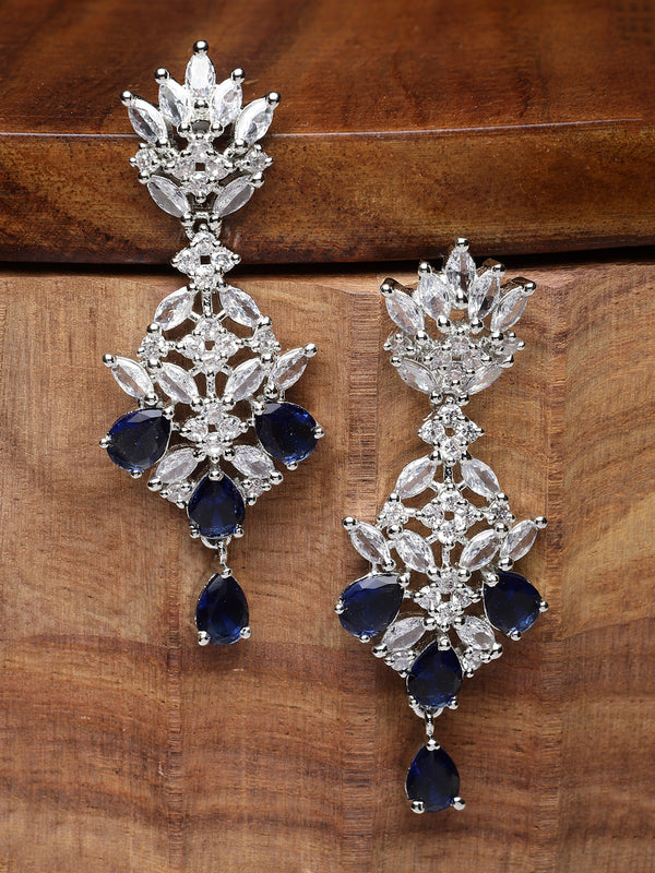 Rhodium-Plated Silver Toned Navy Blue American Diamond studded Spiked Shaped Drop Earrings