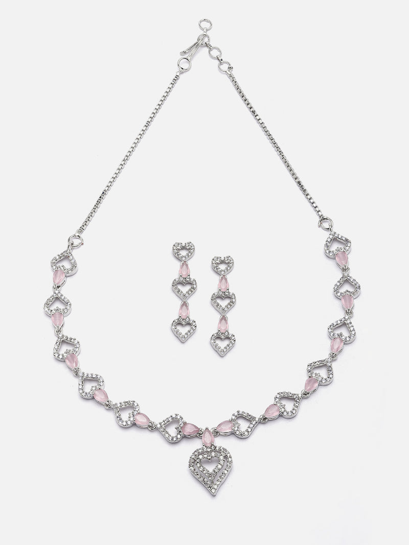 Rhodium-Plated Pink American Diamond Studded Heart Design Necklace & Earrings Jewellery Set