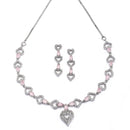 Rhodium-Plated Pink American Diamond Studded Heart Design Necklace & Earrings Jewellery Set
