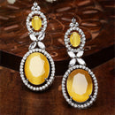 Rhodium-Plated Silver Toned Pink & White American Diamond studded Oval Shaped Drop Earrings