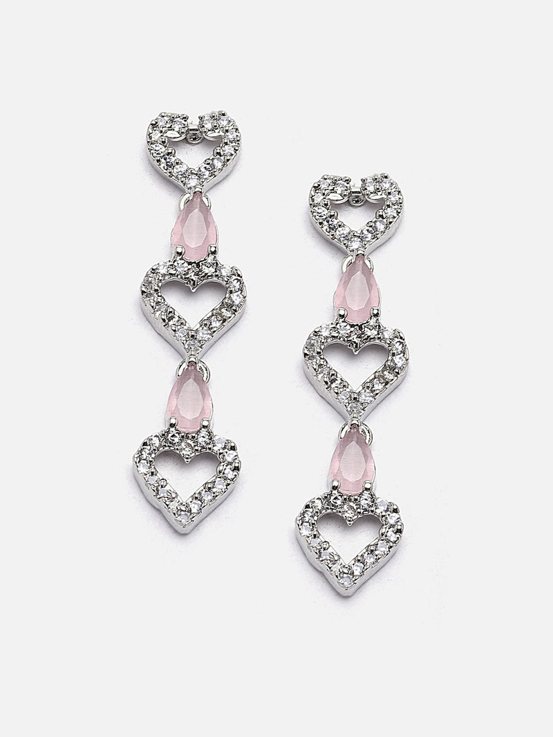 Rhodium-Plated Pink American Diamond Studded Heart Design Necklace & Earrings Jewellery Set