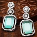 Rhodium-Plated Silver Toned Sea Green & White American Diamond studded Geometric Shaped Drop Earrings