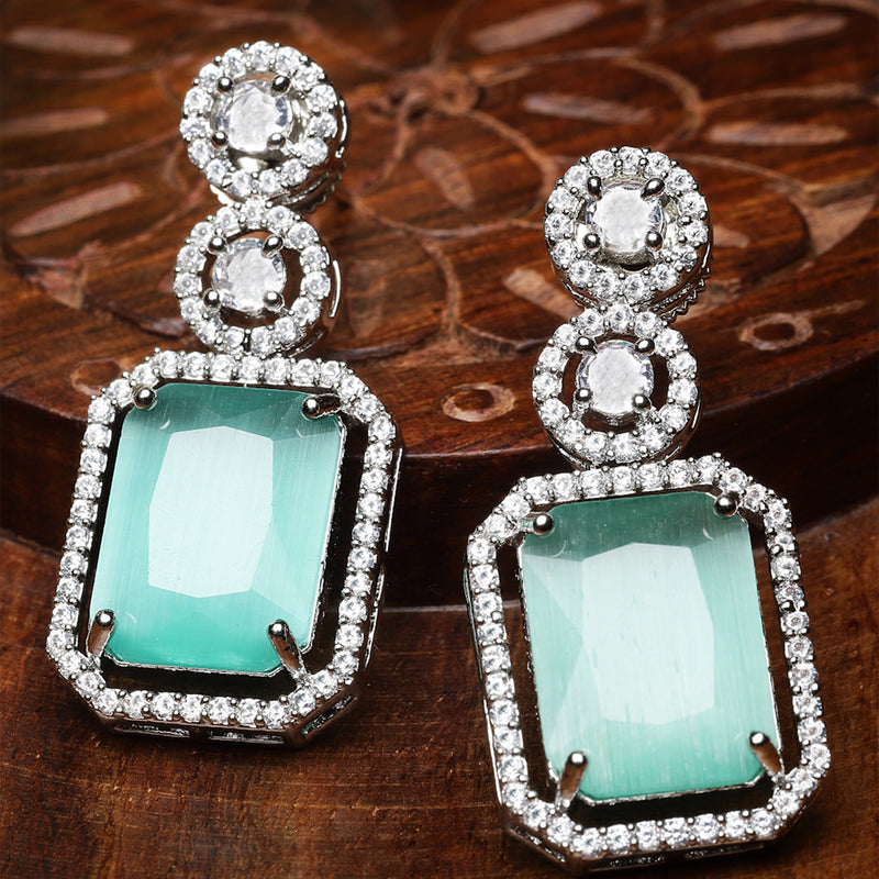 Rhodium-Plated Silver Toned Sea Green & White American Diamond studded Geometric Shaped Drop Earrings