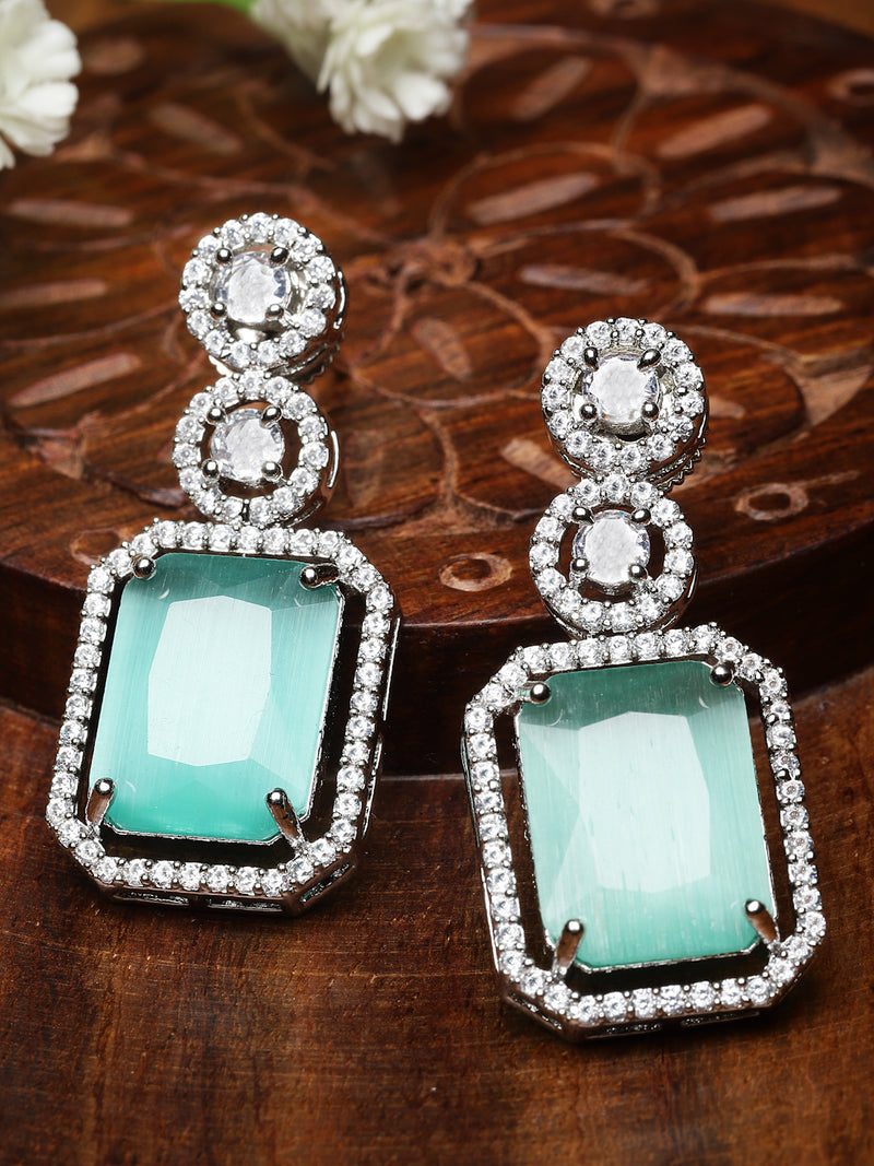 Rhodium-Plated Silver Toned Sea Green & White American Diamond studded Geometric Shaped Drop Earrings