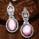 Rhodium-Plated Silver Toned Pink & White American Diamond studded Oval Shaped Drop Earrings
