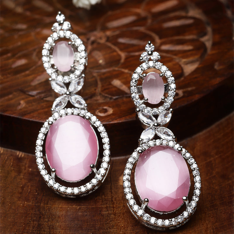 Rhodium-Plated Silver Toned Pink & White American Diamond studded Oval Shaped Drop Earrings