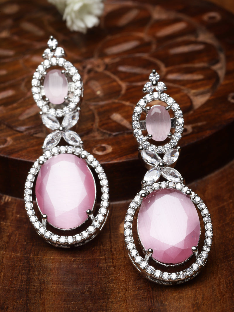 Rhodium-Plated Silver Toned Pink & White American Diamond studded Oval Shaped Drop Earrings