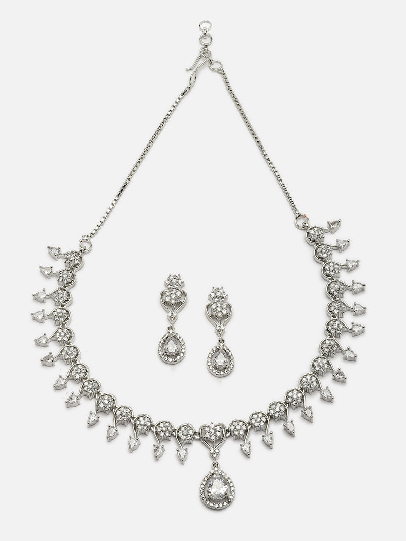 Rhodium-Plated White American Diamond Studded Floral & Teardrop Shaped Necklace & Earrings Jewellery Set